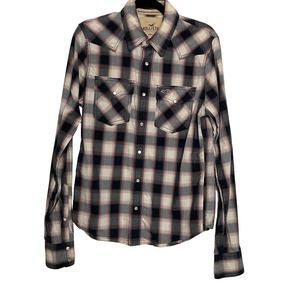 Hollister Mens Plaid Pearl Snap Button Up Shirt Size Medium Navy White Pink
